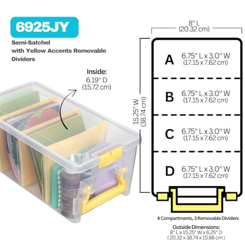 ArtBin Semi Satchel Craft Organizer with 3 Dividers, Yellow Accents | 3 Removable Dividers, 15.2 x 8 x 6.2 Inches, Secure Latches, Carry Handle, Clear Durable Polypropylene - color: Yellow, size: Pack of 1