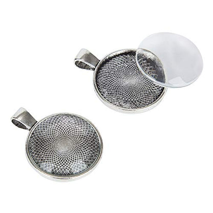 60Pcs Pendant Trays 5 Styles Resin Jewelry Making Kit with Glass Cabochons - color: 30Pcs Metal Pendant+30pcs Bright Glass Cabochon