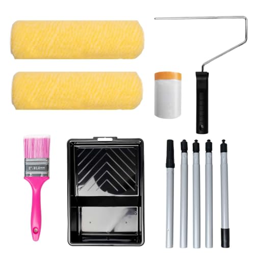 Paint Roller Kit with Extension Pole - 6 Pieces Set with 9" Paint Roller, 2" Paint Brush, 51" Adjustable Extension Pole, 11" Sturdy Paint Tray - Complete Painting Tool Set - size: 9 Inch with Extension Pole