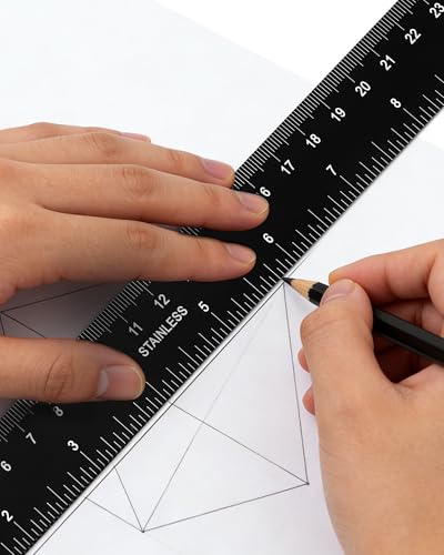 Metal Ruler 12 Inch and 6 Inch with Metric Scales Millimeter, Centimiter, and Conversion Table, Easy to Read Straight Edge Starts at 0, Stainless Steel Rule for School and Office, 2 Pack