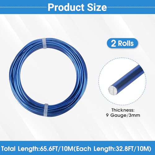 2 Rolls Aluminum Craft Wire, 9 Gauge (3mm) Flexible Metal Wire for Jewelry Making, 65.6 Ft (32.8 Ft/Roll) Bendable Armature Wire for Bonsai, Sculpting and DIY Crafts [Royal Blue] - size: 9Gauge 32.8Ft Each, style: Royal Blue