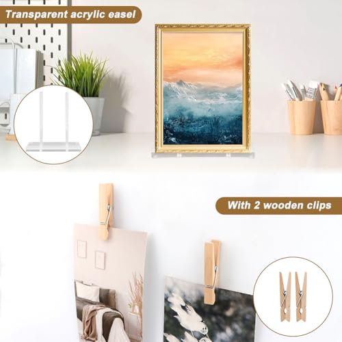 Acrylic Plate Stand with 2 Wooden Clips, Tabletop Art Display Stand, Clear Picture Stand for Book, Plate, Picture, Frame(COLOR:Clear)