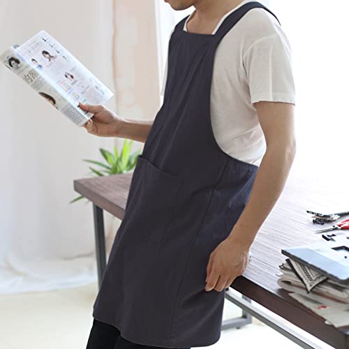 NEWGEM Japanese Cotton Linen Cross Back Cooking Apron for Women Men with Pockets Cute for Baking Kitchen - color: 13 - Men's Navy