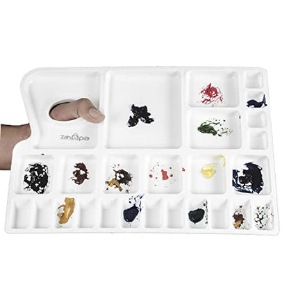 Zahepa Watercolor Palette Tray with Thumb Hole, 20 Wells, Paint Mixing Box | Travel-Friendly Design With Thumb Hole, 16 Color Compartments, 8 Mixing & 2 Water Storage Areas - style: Rectangle - 16 Compartments
