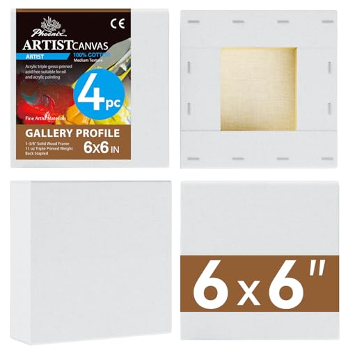 PHOENIX 6x6 Inch 4 Pack Gallery Canvas - Small Square 1.5 in Thick Canvases for Painting - Deep Edge 100% Cotton 11 Oz. Gesso Primed White Blank Professional Canvas Oil & Acrylic Paints - size: 6"x6", style: Gallery