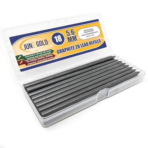 June Gold 5.6 mm, 18 Lead Refills, 2B, 120 mm Length, Sturdy Carrying Case | Extreme Bold Thickness, Sketching, Shading, Blending, Construction, Carpentry - color: 2b Graphite, style: 5.6 mm