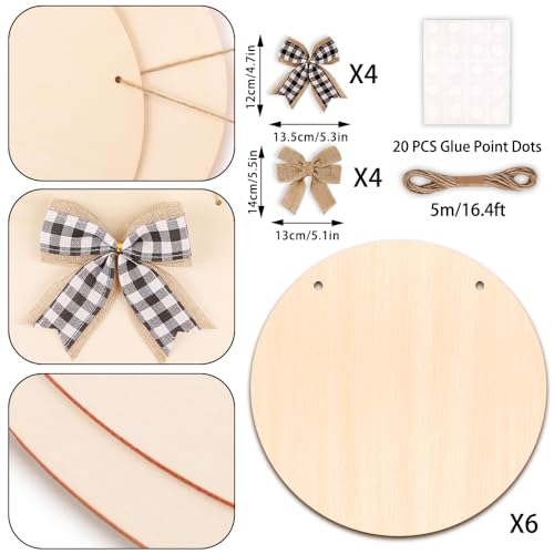DIYDEC 6 Pack Wood Circles for Crafts 14 Inch Unfinished Wood Slices Blank Wooden Door Hanger Sign Round Wood Discs with Bows Twine Glue Point for DIY Crafts Painting Christmas Home Holiday Decor | Round Wood Discs with Bows Twine Glue Point for DIY Craft