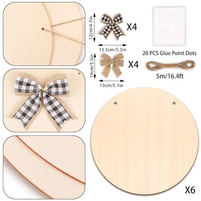 DIYDEC 6 Pack Wood Circles for Crafts 14 Inch Unfinished Wood Slices Blank Wooden Door Hanger Sign Round Wood Discs with Bows Twine Glue Point for DIY Crafts Painting Christmas Home Holiday Decor | Round Wood Discs with Bows Twine Glue Point for DIY Craft