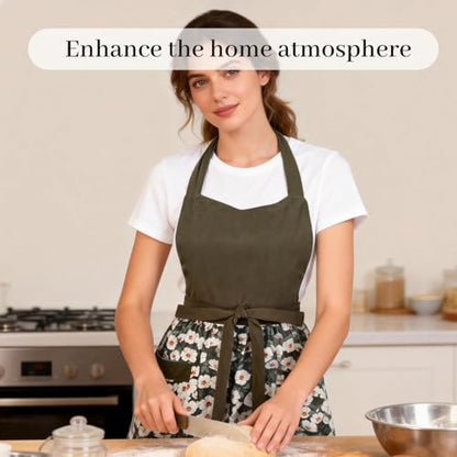 Cute Floral Apron for Women with Pockets, Cotton, Adjustable Straps - color: Olive Green