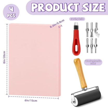 4 Pack Pink Rubber Stamp Carving Blocks 8"x6" (0.8cm Thick) with Tools Kit - Soft Linoleum Blocks for DIY Craft Projects, Stamp Making Supplies for Artists & Beginners - size: 8"x6"
