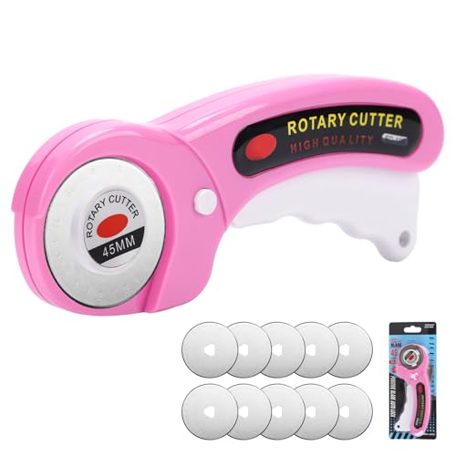Rotary Cutter for Fabric, 45mm Rotary Cutters Kit with Extra 10 Blades | Ergonomic Rolling Cutter with Safety Lock, Suitable for Leather, Crafting, Sewing, and Quilting Fabric (Pink)