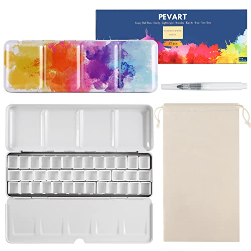 PEVART Empty Watercolor Palette Tins Box Metal Paint Case with Fold Out Palette, Medium Colorful Watercolor Tray Palette with 37 Half Pans and a Water Color Pen for DIY Travel Watercolor Palette - color: Colorful, size: 37 Half Pans