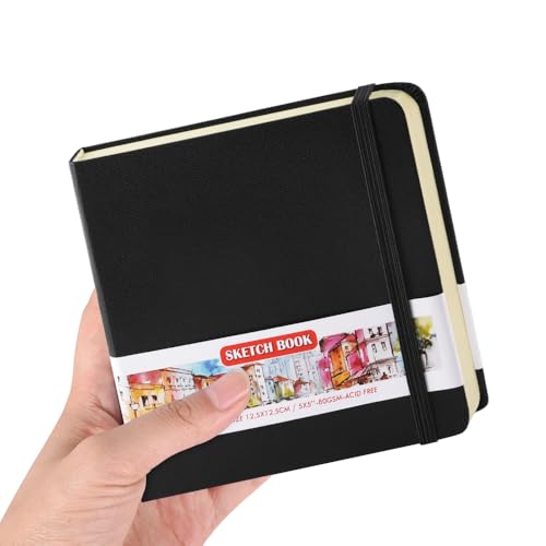 5x5 Pocket Sketch Book,80gsm Hardcover Art Sketchbook for Drawing Journal | PU Cover,Blank Paper,96Sheets/192Pages,Lay-Flat,Portable Travel Creation Paint Diary Memo Planner,Dry Media.Black - color: PU Cover-5x5in-Black
