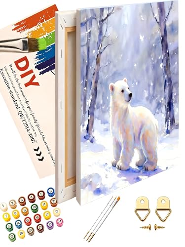 Share Young Animal Paint by Numbers Kit for Adults - DIY Polar Bear in Winter Forest Painting on Canvas 12X16IN Framed, Acrylic Paint Set, Suitable for Beginners, Art for Home Decoration or Gifts - color: cyy524-12X16IN framed