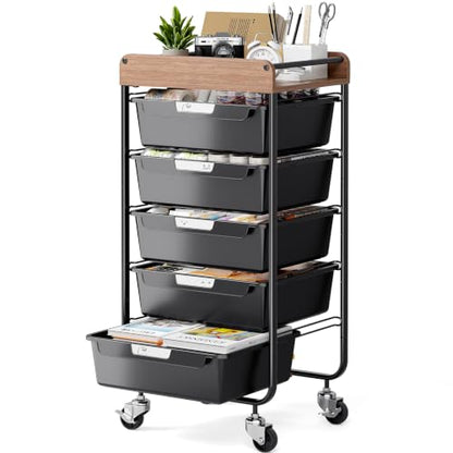 SYKIARIOL Utility Cart with 5 Labeling Drawers and Wooden Tabletop,Black - color: Classic Black, size: 5-Drawer