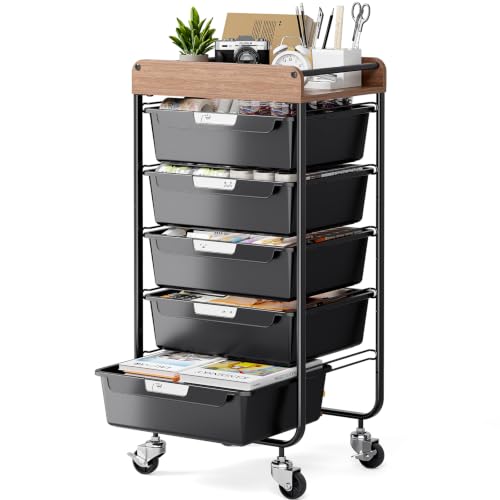 SYKIARIOL Utility Cart with 5 Labeling Drawers and Wooden Tabletop,Black - color: Classic Black, size: 5-Drawer