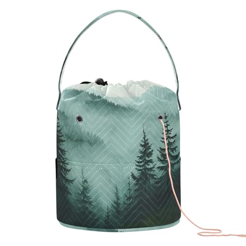 Green Mountains and Pine Trees 3500 Yarn Bag Small Crochet Bag Drawstring Yarn Storage Organizer Knitting Project Bags Potable Yarn Holder with Holes Handle Crocheting Needles Knitting Access - color: Green Mountains and Pine Trees