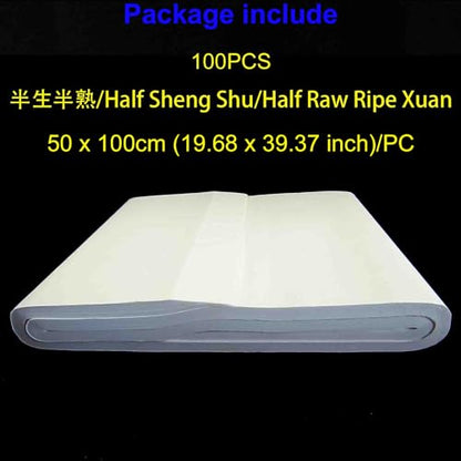 KYMY Chinese/Japanese Calligraphy Paper 100PCS, Sumi/Rice Paper for Writing Painting Drawing, Chinese Brush Ink Xuan Paper, Half Sheng Shu (Half Raw Ripe) Xuan (50 x 100 cm (19.68 x 39.37 inch)) - size: Half Sheng Shu(Raw Ripe)-50 x100cm(19.7x39.4in)