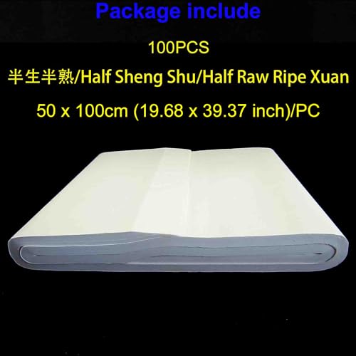 KYMY Chinese/Japanese Calligraphy Paper 100PCS, Sumi/Rice Paper for Writing Painting Drawing, Chinese Brush Ink Xuan Paper, Half Sheng Shu (Half Raw Ripe) Xuan (50 x 100 cm (19.68 x 39.37 inch)) - size: Half Sheng Shu(Raw Ripe)-50 x100cm(19.7x39.4in)