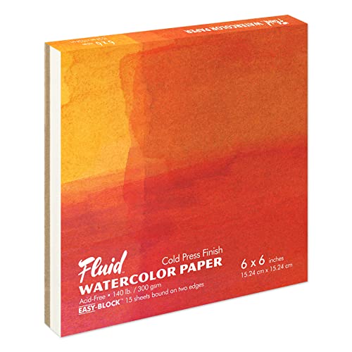 Fluid Cold Press Watercolor Block, 140lb (300 GSM), 6x6 Inch, 15 Sheets - Two-Sided Binding for Easy Sheet Removal
