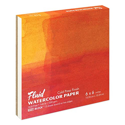 Fluid Cold Press Watercolor Block, 140lb (300 GSM), 6x6 Inch, 15 Sheets - Two-Sided Binding for Easy Sheet Removal