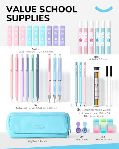 Four Candies 36PCS Mechanical Pencil Set with 624 Lead Refills (Light Blue) - color: Light Blue
