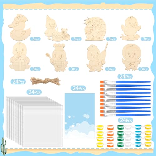 Saypacck 24 Pcs Duck Party Favors Wooden Paint Craft Kits | Duck Theme Crafts for Kids Birthday, Goodie Bag Fillers, Brush Paint Organza Bags Included, - style: Duck