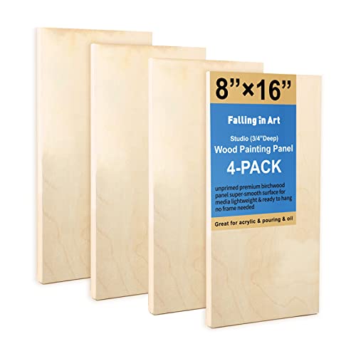 Falling in Art 4 Pack 8x16’’ Unfinished Birch Wood Panels Kit for Painting | Studio 3/4’’ Deep Wood Canvas, Cradle Boards for Acrylic Pouring, Art, Crafts, Epoxy Resin, Laser Engraving Cutting - size: 8'' x 16''