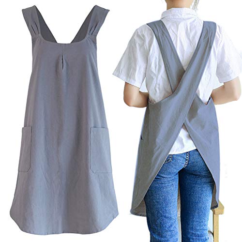 NEWGEM Japanese Cotton Linen Cross Back Cooking Apron for Women Men with Pockets Cute for Baking Kitchen - color: 02 - Women's Dark Gray
