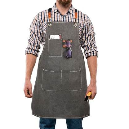 Men's Canvas Tool Apron, Heavy Duty Multi-Pocket Work Apron for Woodworking Gardening Bartender Adjustable Straps - color: Dark Grey