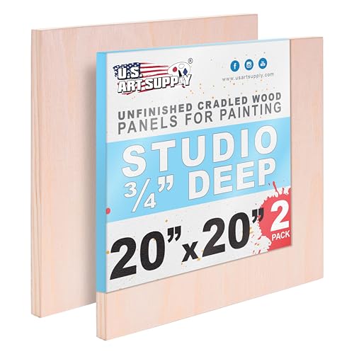 U.S. Art Supply 20" x 20" Unfinished Cradled Wood Panels for Painting, Studio 3/4" Deep (2 Pack) - Artist Depth Birch Wooden Wall Canvases - Mixed-Media Craft, Acrylic, Oil, Encaustic, Paint Pouring - size: 20" x 20", style: Square