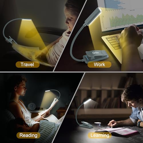 Gritin 9 LED Rechargeable Book Light for Reading in Bed | Eye Caring 3 Color Temps,Stepless Dimming Brightness,80 Hrs Runtime Small Lightweight Clip On Book Reading Light-Pacific Blue - color: Pacific Blue