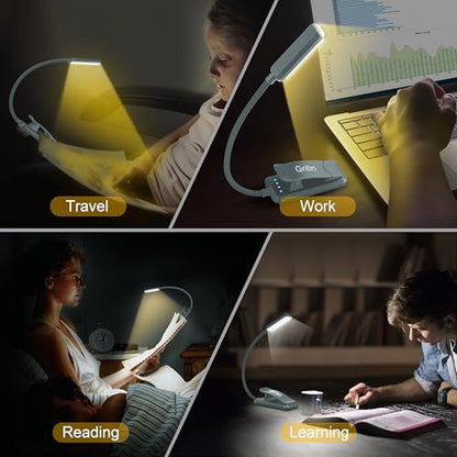 Gritin 9 LED Rechargeable Book Light for Reading in Bed | Eye Caring 3 Color Temps,Stepless Dimming Brightness,80 Hrs Runtime Small Lightweight Clip On Book Reading Light-Pacific Blue - color: Pacific Blue