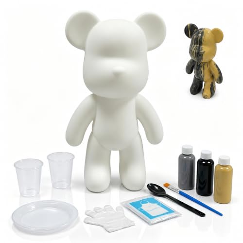 YONXID DIY Fluid Bear Painting Kit - Fluid Art Pour Paint Bear Set - Full Drip Paint Bears Kit with Spill Tray & Apron for Family Activity, Date Night, and Holiday Gifts, 9.05 Inches, Gold+Black+Gray - color: gold+black+gray(Easy DIY)