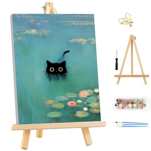 EOBROMD Framed Paint by Numbers Kits for Adults - Wooden Easel, Cat Lake DIY Painting Kits for Adults Beginner, Painting on Stretched Canvas Oil Paint by Numbers for Home Decor Gift 10x14 Inch - color: LG039