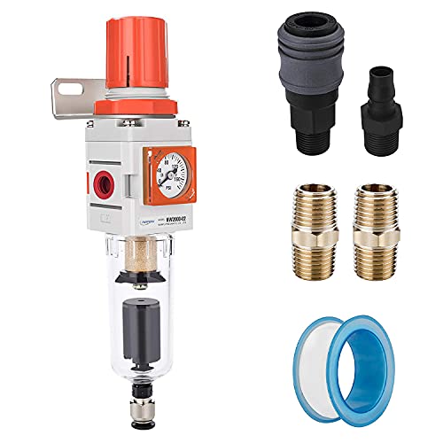 1/4" NPT Embedded Gauge Compressed Air Filter/Regulator Combo | Auto Drain, 5 Brass Micron Element, Poly Bowl, Metal Bracket - size: 1/4" NPT, style: Auto Drain