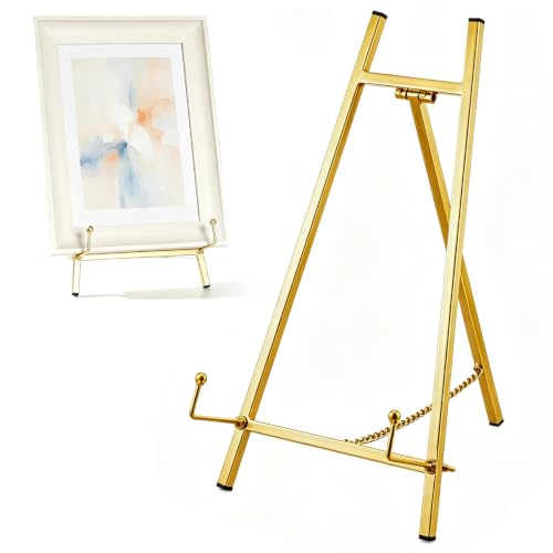 Gold Metal Easel Stand 16.5in Tabletop Display Stand, Heavy Duty Iron Picture Frame Holder for Wedding Sign Photo Plate Art Home Decor