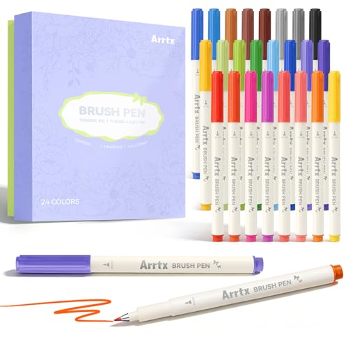 Arrtx Brush Pen 24 Colors for Journaling,Wear Resistance Tip | Water-Based Ink Brush Pens for Hand Lettering Sketching, Outline Drawing & Illustrations,Art & Creative Work