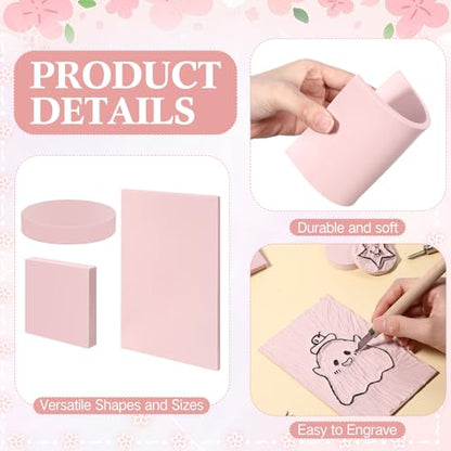 36 Pcs Pink Rubber Linoleum Blocks for Printmaking 4x6in 2x2in 2in 3 Shapes Linocut Block Stamp Making Kit for DIY Crafts & Art Projects