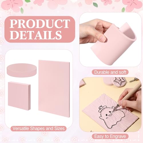 48 Pcs Pink Rubber Linoleum Blocks for Printmaking 4x6in 2x2in 2in 3 Shapes Linocut Block Stamp Making Kit for DIY Crafts & Art Projects