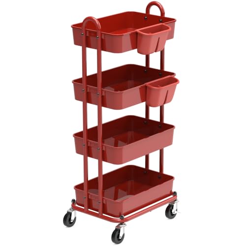 Simple Houseware 4-Tier Rolling Utility Cart with Hanging Bucket, Red - color: Red, size: 4-Tier