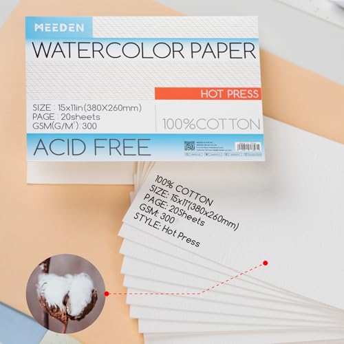 MEEDEN Cotton Watercolor Paper Block: 15" x 10" Hot Pressed of 20 Sheets | 140lb/300gsm 100% Cotton Watercolor Paper Pad, Acid-free Art Paper for Painting, Drawing, Watercolor, Gouache, Ink and More - color: Hot Press, size: 10×15"