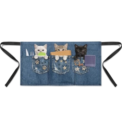 Waist Apron with 3 Pockets Waterproof 13 Inch Short Half Waist Aprons Women Men Server Aprons Waitress Waiter Apron - color: Three Cats