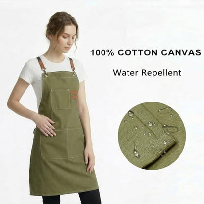 ZOMAO Chef Apron for Women Men with Large Pockets, Cotton Canvas Cross Back Waterproof Work Aprons for Kitchen Cooking Bib - color: Greygreen