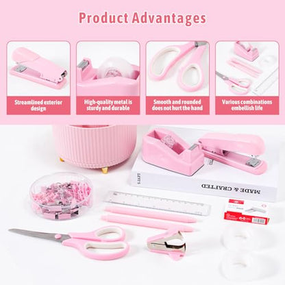 Gawsey Pink Desk Organizers and Accessories with Desk Organizer 360° Rotating Pen Holder and Office Supplies, Cute Stationery Supplies Set - color: Pink
