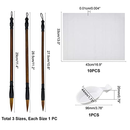 PH PandaHall 14pcs No Ink Chinese Calligraphy Set, Reusable Water Writing Cloth Paper, Chinese Traditional Calligraphy Brushes and Water Dish for Beginners Practice Chinese New Year, 17x13 Inch - color: White