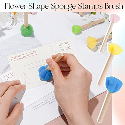 15 Pieces Sponge Stamps Kids Painting Brush with Wooden Handle Mini Cute Round and Flower Shapes for Painting, DIY, Craft, Scrapbooking, Drawing, Ink, Card Making, Multicolor
