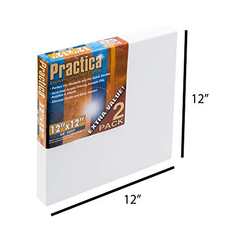 Practica Economy Stretched Cotton Canvas - Acid-Free Acrylic Primed Canvas for Acrylics, Pastels, Graphite, & More! - [2-Pack - 12x12] - size: 12x12"