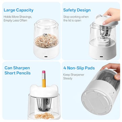 Electric Pencil Sharpener, Rechargeable Auto-Stop for 6-8mm, 3 Modes | Fast Sharpen in 3s, Battery Powered, Heavy Duty Blade, Suitable for No.2(6-8mm), School/Home/Office - color: White