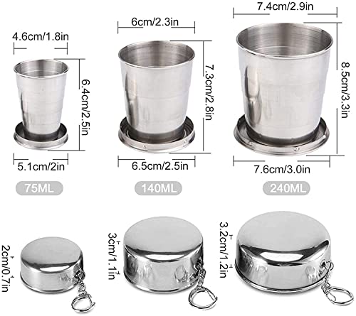 Guyuyii 3 Pcs Stainless Steel Collapsible Cups for Traveling with Keychains | Collapsible Cup with Lid for Outdoor Activities, Camping, Travel | Compatible with Water, Mouthwash, Espresso, Silver